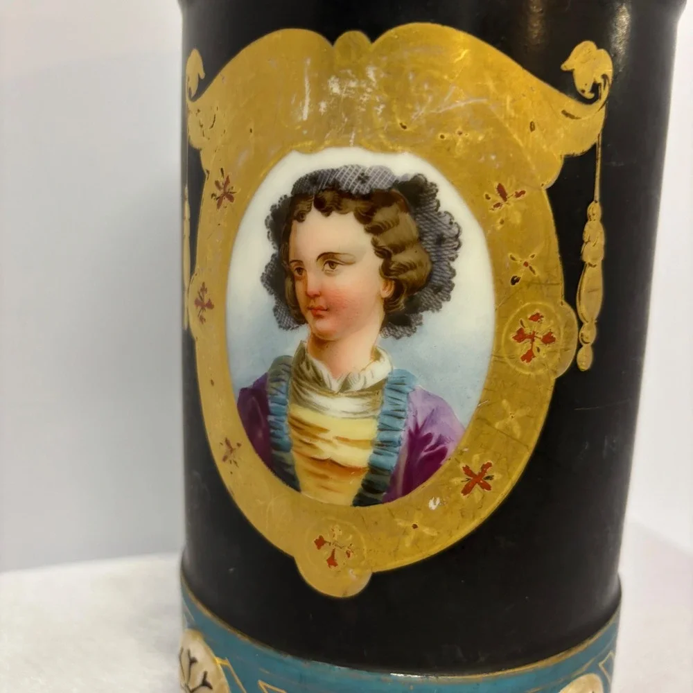 Antique‎ Old Paris Porcelain Portrait Vase Black Gold Trim Decorative